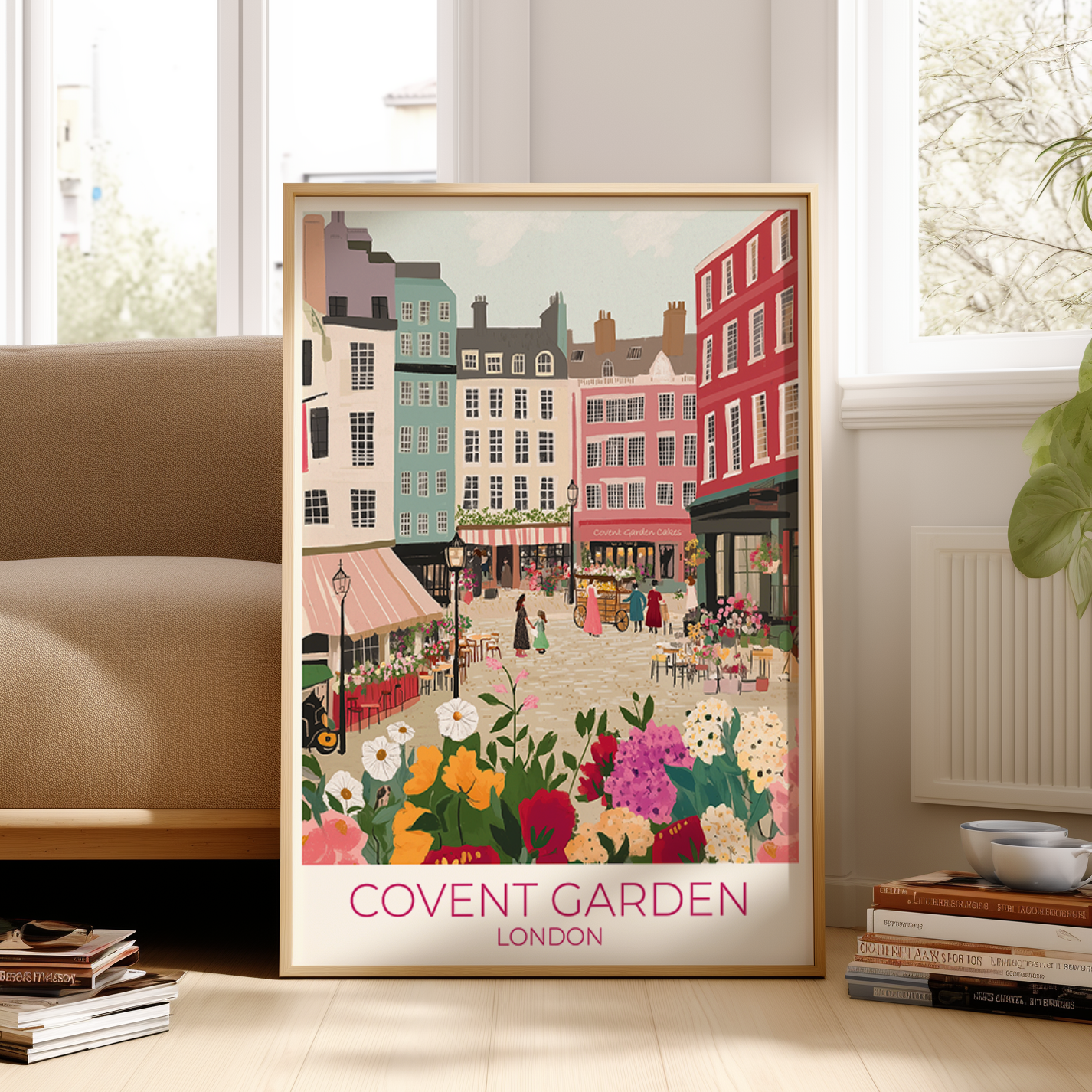 Framed poster of Covent Garden, London in a living room setting.
