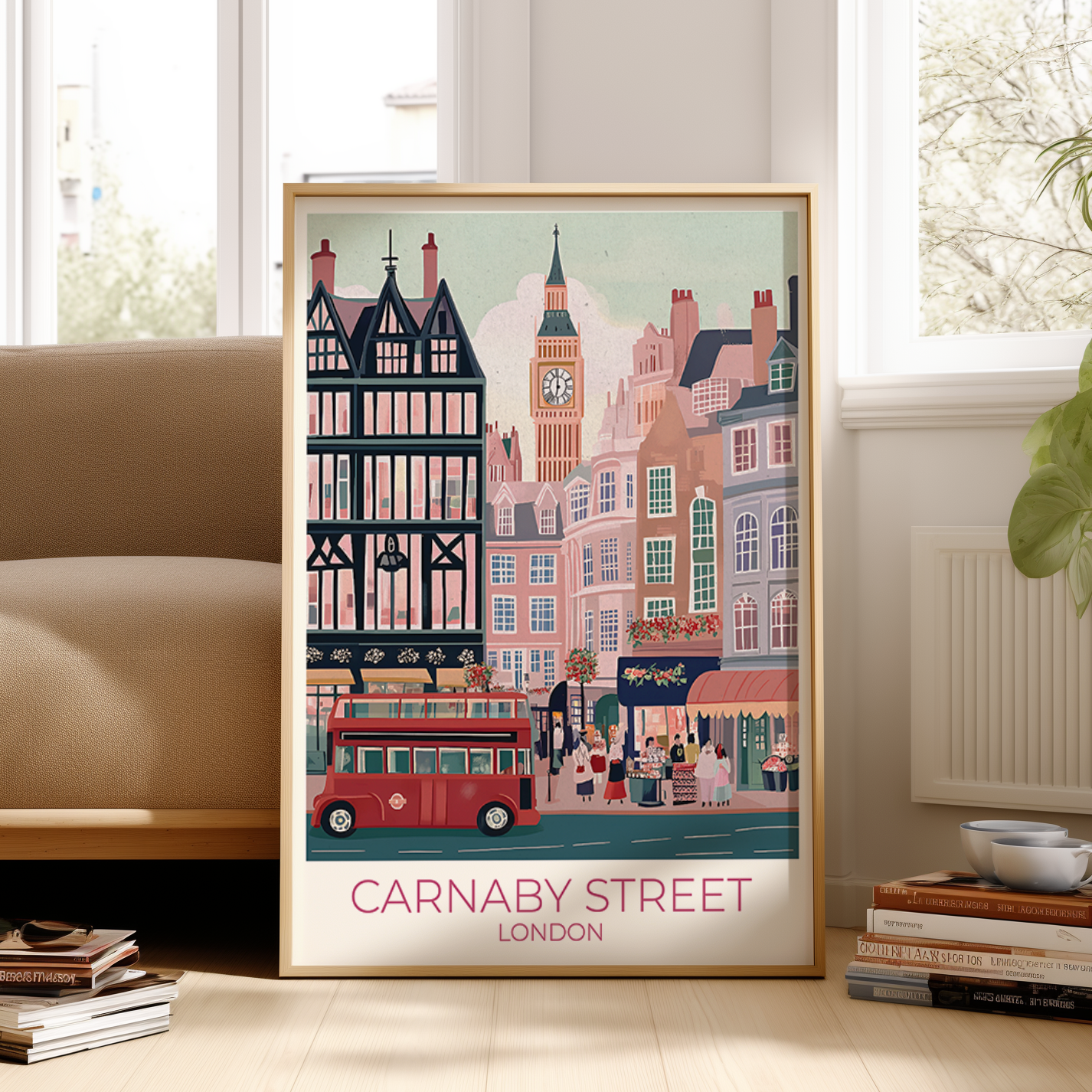 Framed poster of Carnaby Street, London with a red bus and clock tower in a living room setting.
