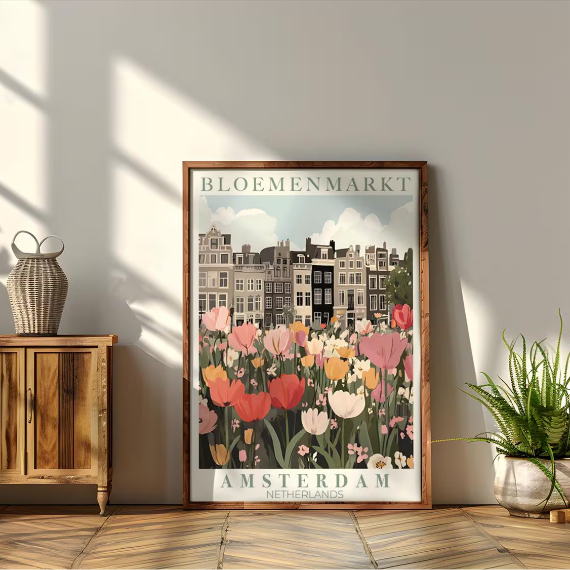 Framed poster of Bloemenmarkt Amsterdam with wooden cabinet and plants in a room.