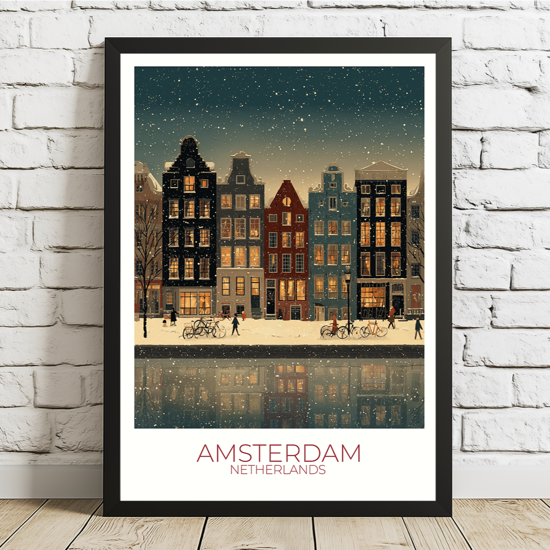 Framed artwork of Amsterdam with canal and buildings on a white brick wall.