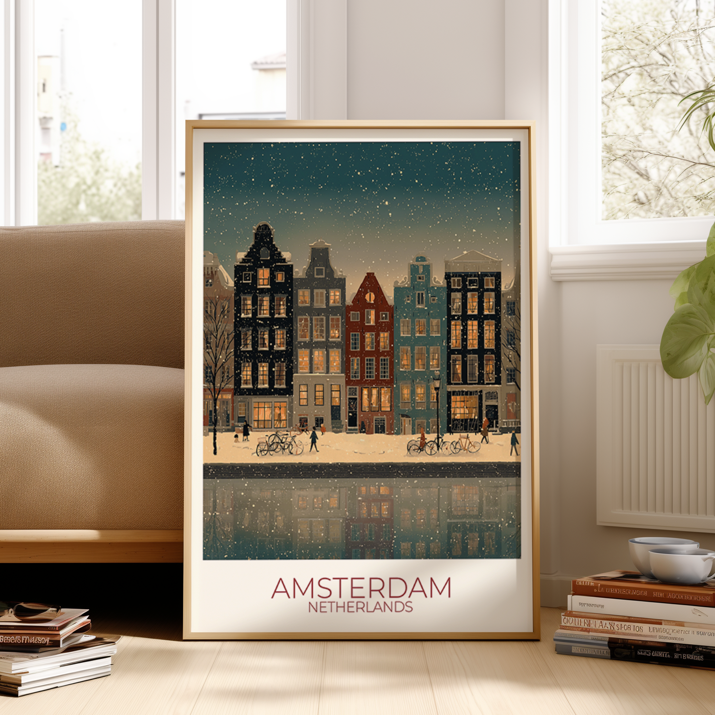 Framed poster of Amsterdam with buildings and canal, placed on a surface.