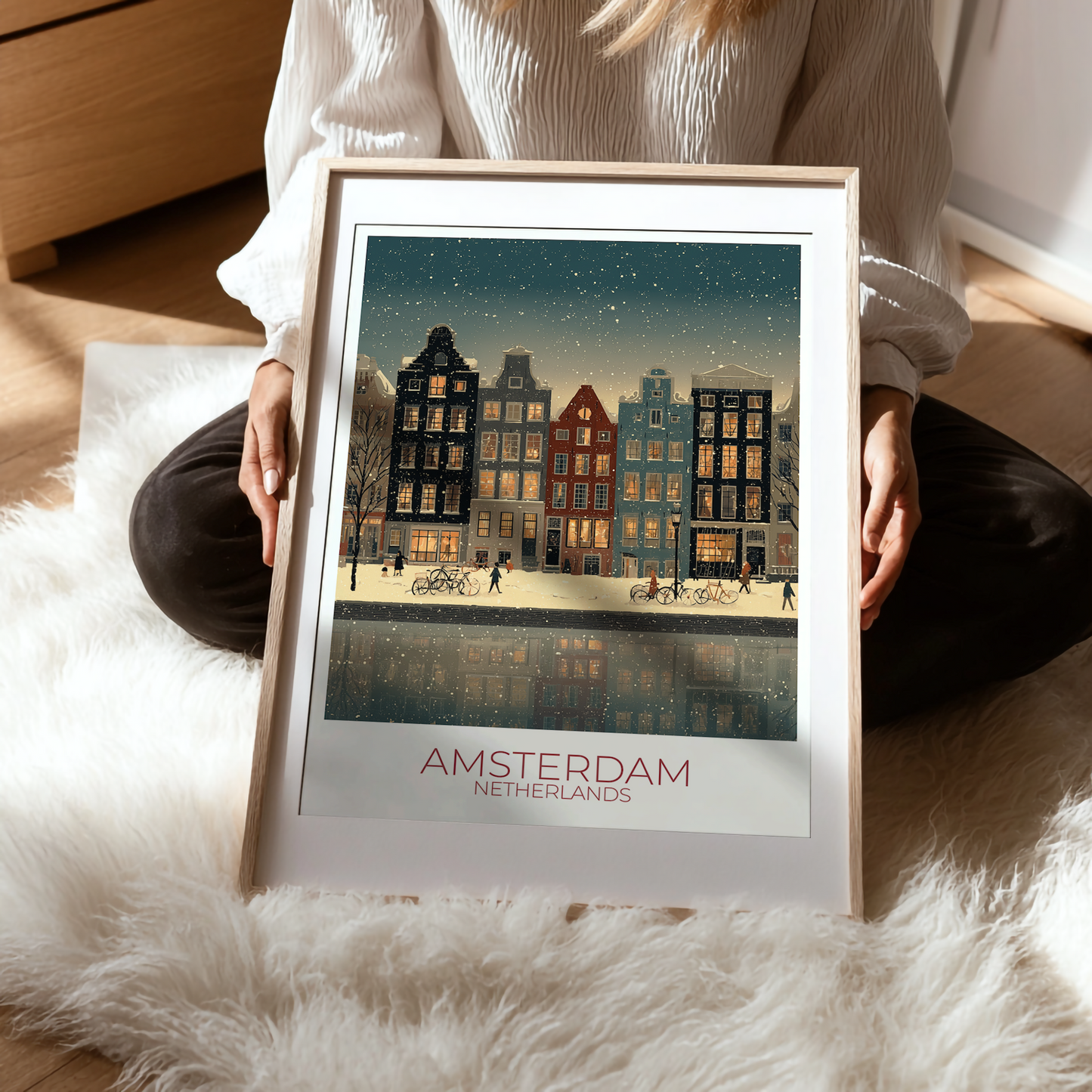 Amsterdam Christmas Art Print – Winter Canal Scene, Personalised Dutch Gift, Limited Edition