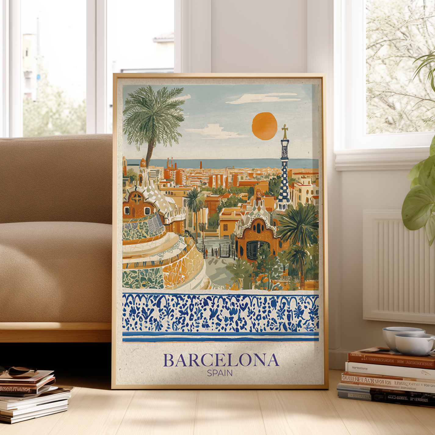 Framed poster of Barcelona with decorative elements in a living room setting.
