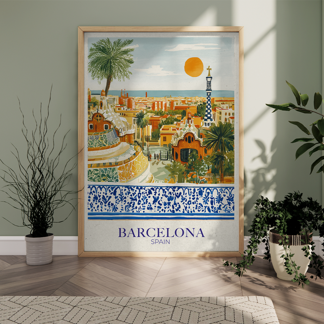 Framed artwork of Barcelona with decorative elements on a wall.