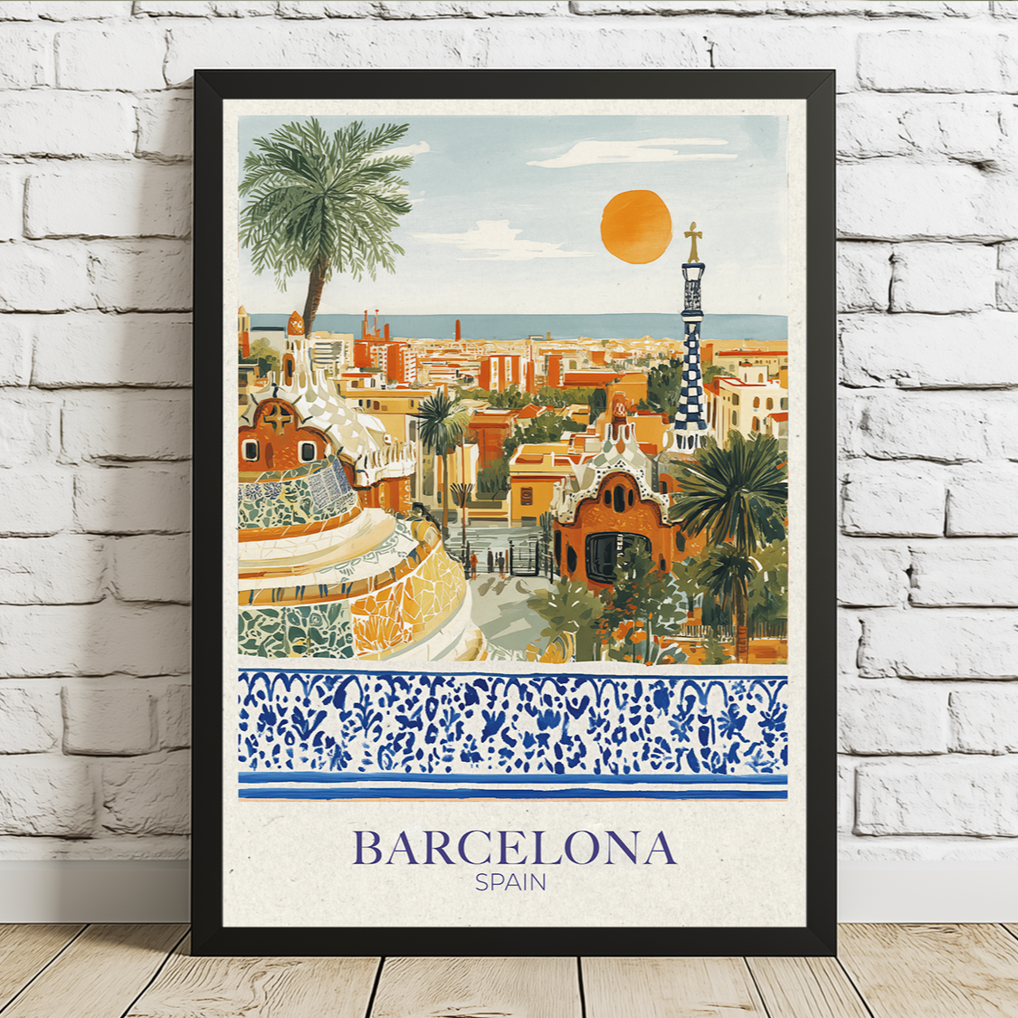 Framed poster of Barcelona with a scenic view and decorative border.