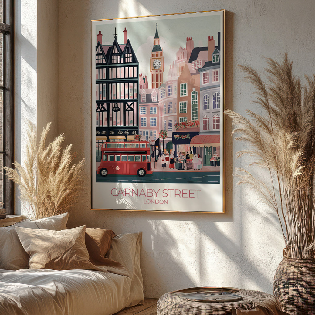 Living room with a framed poster of Carnaby Street London, potted plants, and a sofa.