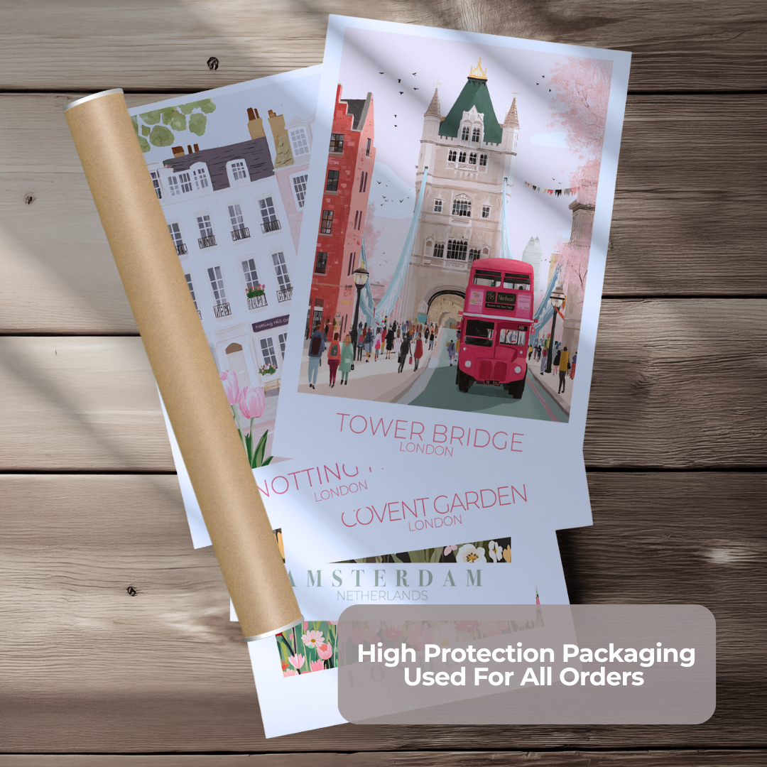 Packaging materials with scenic illustrations on a wooden surface, featuring text about high protection packaging.