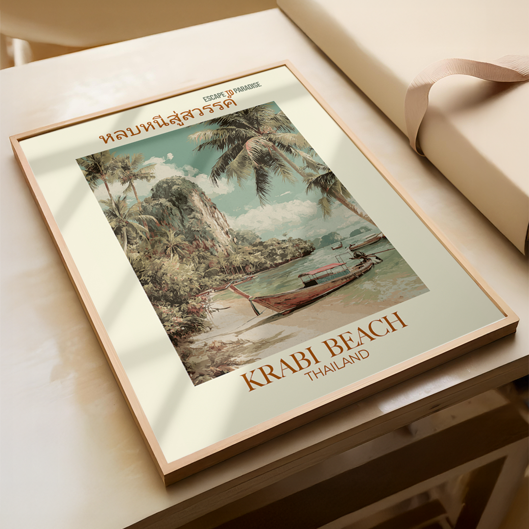 Framed artwork of Krabi Beach, Thailand with a boat and palm trees on a table.