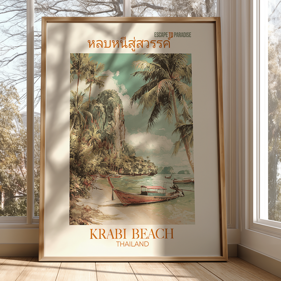 Framed poster of Krabi Beach, Thailand with a scenic view of palm trees and a boat.