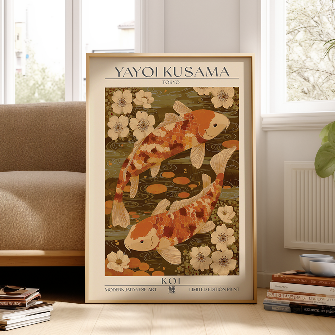 Framed Yayoi Kusama art print of koi fish and flowers in a living room setting.