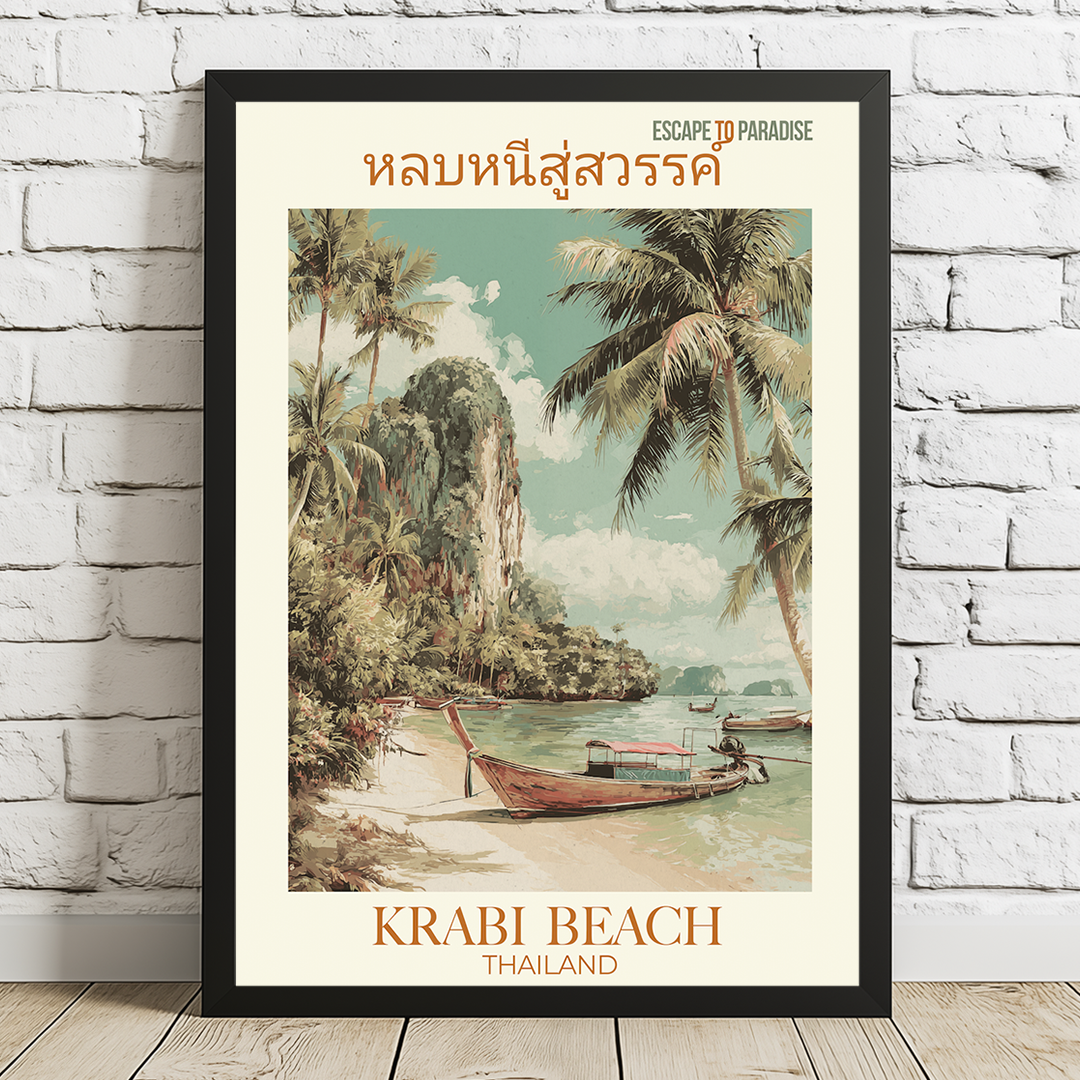 Framed poster of Krabi Beach, Thailand with palm trees and boats on a white brick wall.