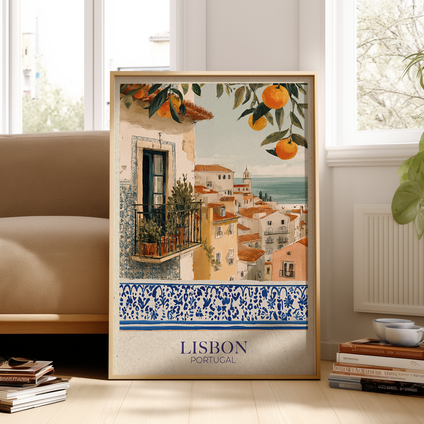 Framed artwork of Lisbon, Portugal with decorative elements in a room setting.