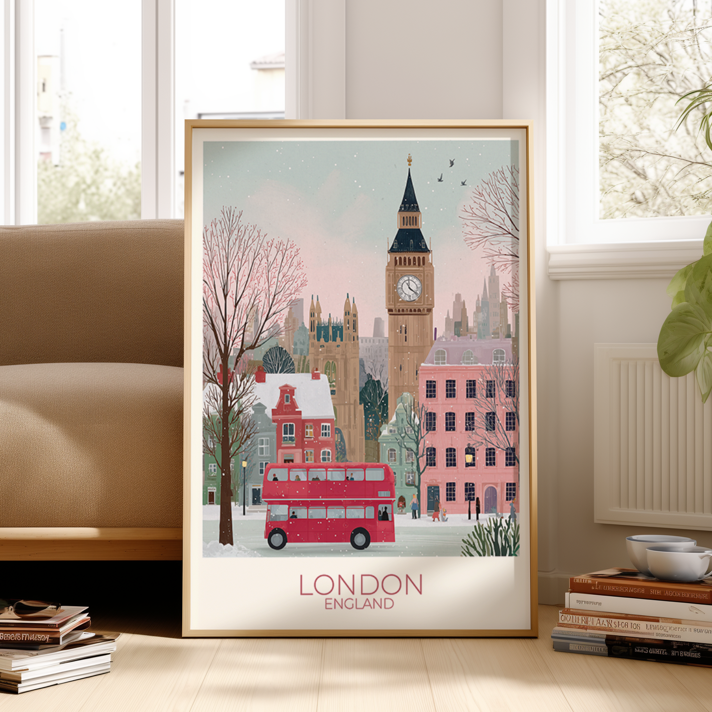 Framed artwork of London with Big Ben and red double-decker buses in a living room setting.