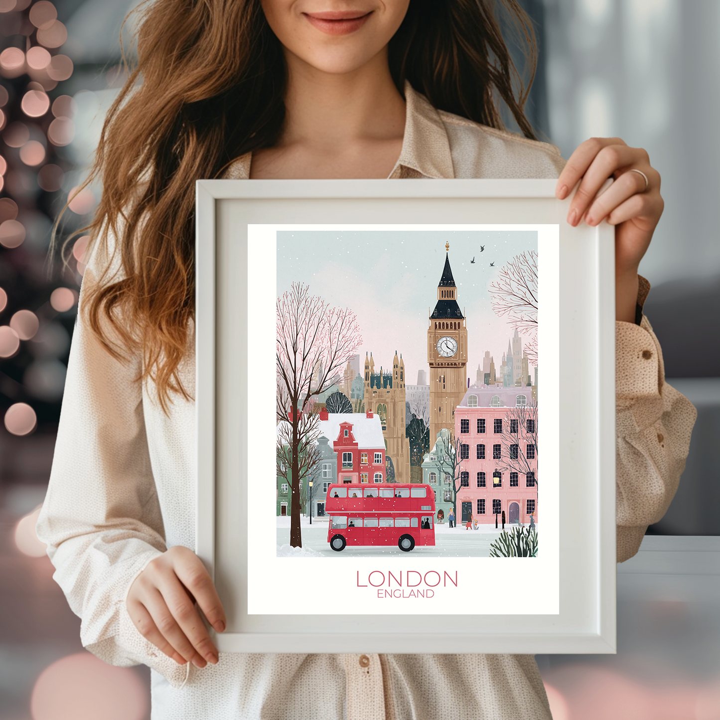 Person holding a framed print of London with Big Ben and a red double-decker bus.