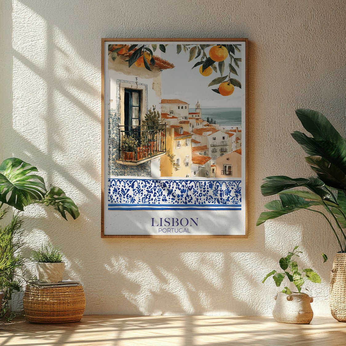 Framed artwork of Lisbon, Portugal on a wall with plants around