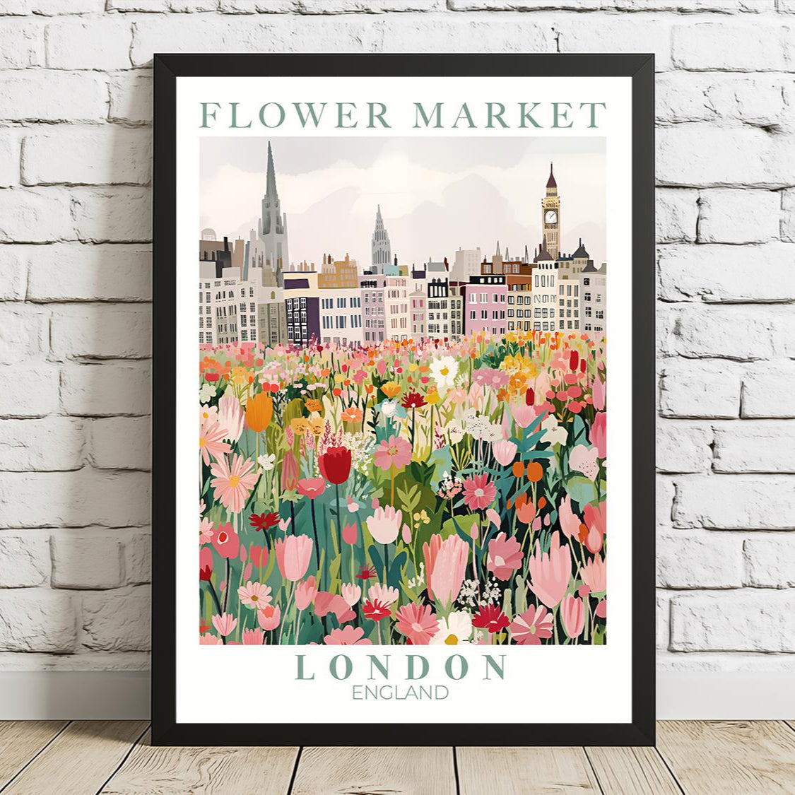 Illustrated poster of the London Flower Market featuring vibrant floral arrangements in the foreground and iconic London architecture, including Big Ben and a red double-decker bus, in the background. Styled in a cozy interior with natural light and plants