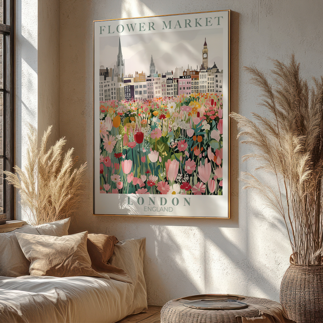 London Flower Market Botanical Wall Art – Trendy Green Floral Illustration