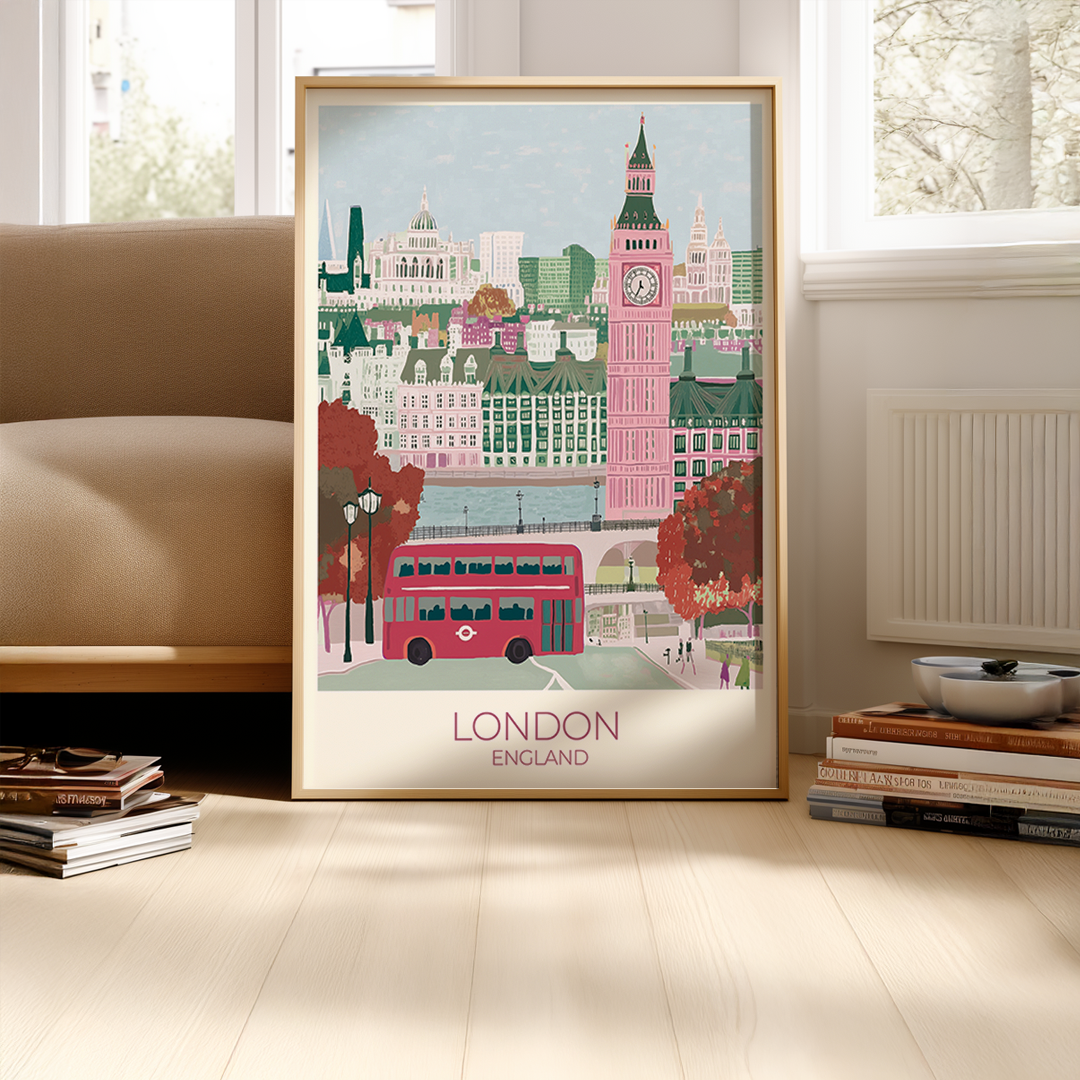 Framed poster of London with Big Ben and a red bus in a living room.