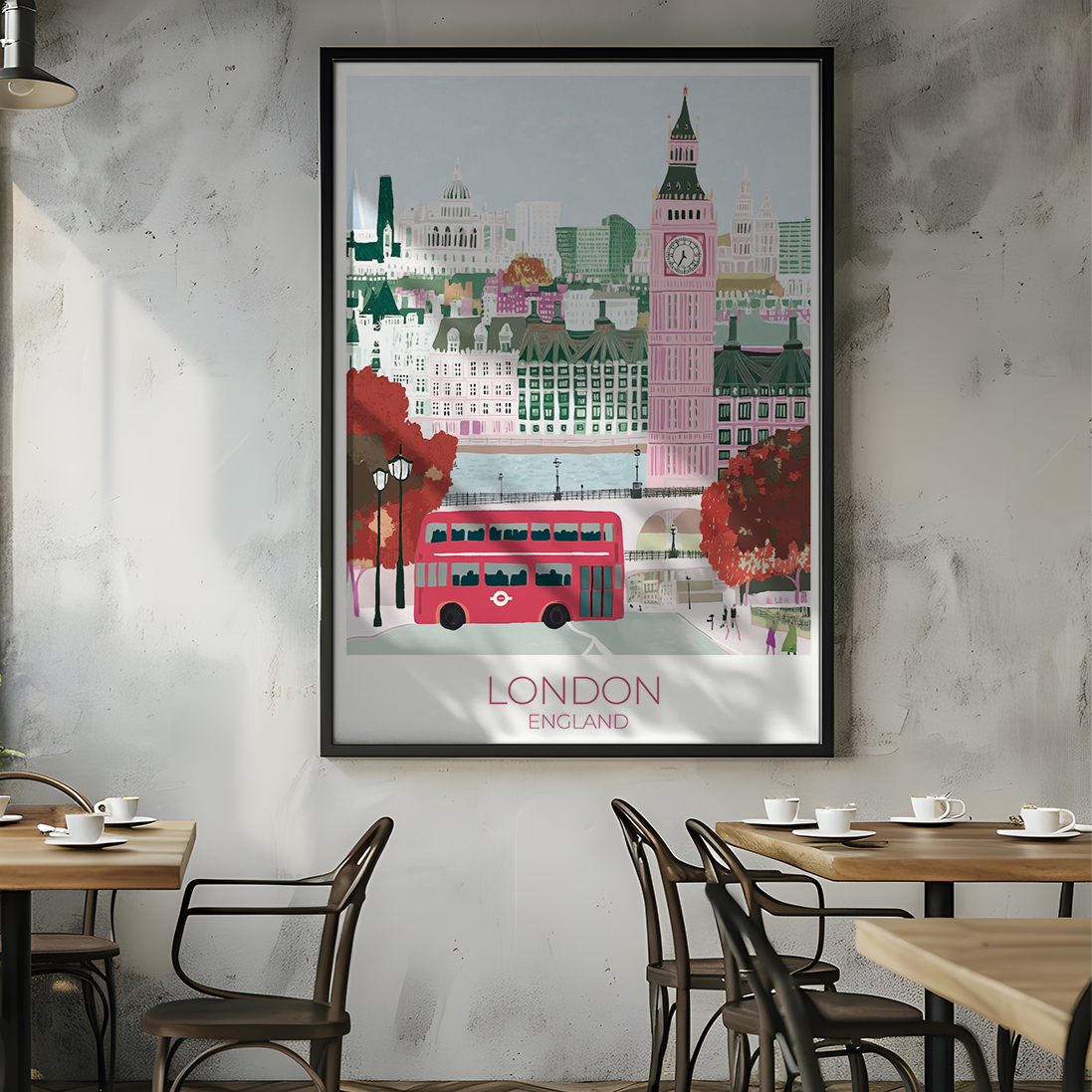 Unframed custom London travel poster print featuring Big Ben, red double-decker bus, and Houses of Parliament. Personalized wall art for London lovers, perfect travel gift or UK-themed home decor with editable text section.