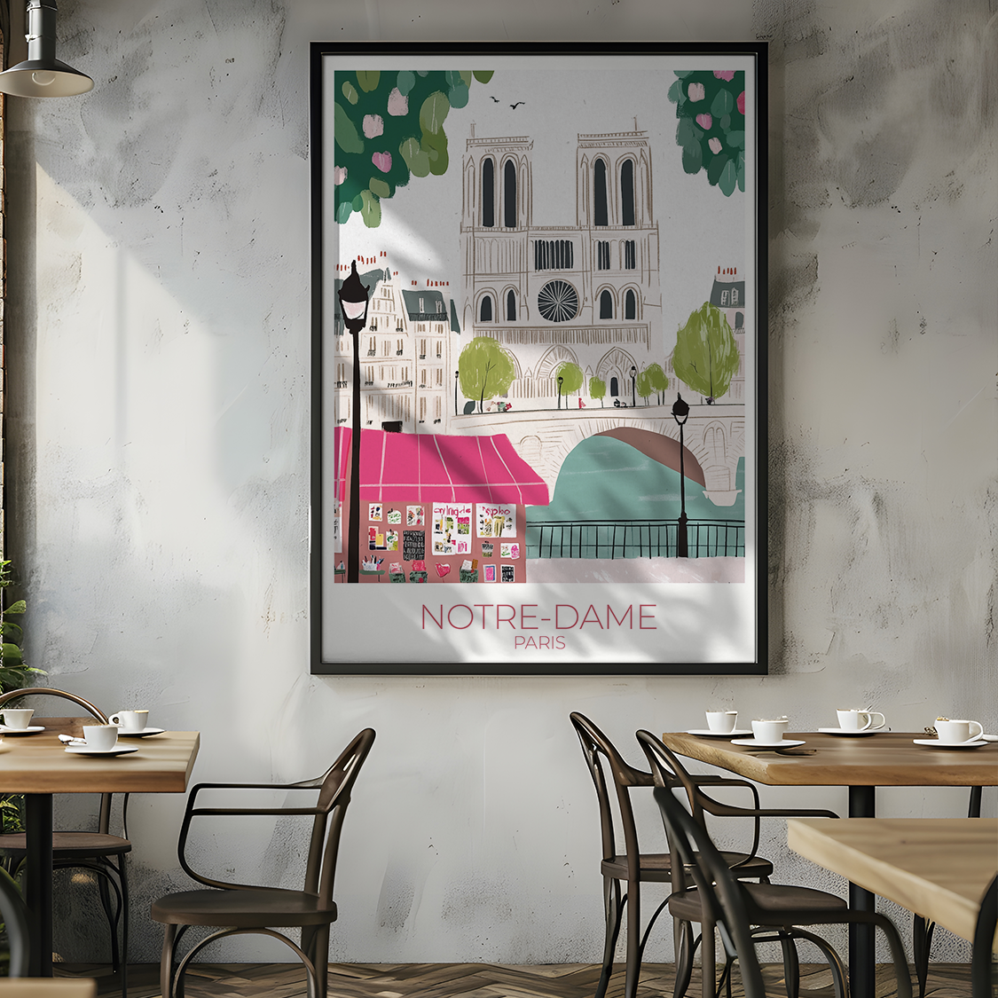 Illustrated Notre-Dame wall art featuring custom names and dates.
