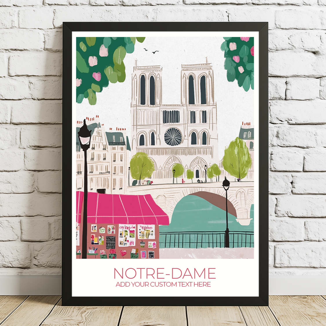 Custom Notre-Dame print with personalized text, perfect for Paris travel memories.