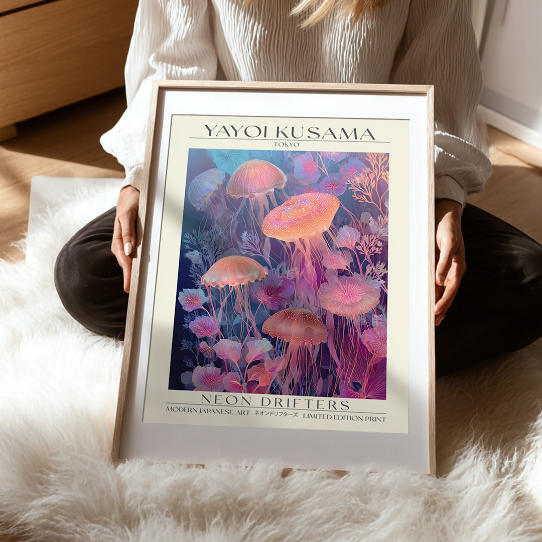 Person holding a framed Yayoi Kusama art print featuring jellyfish and floral elements.