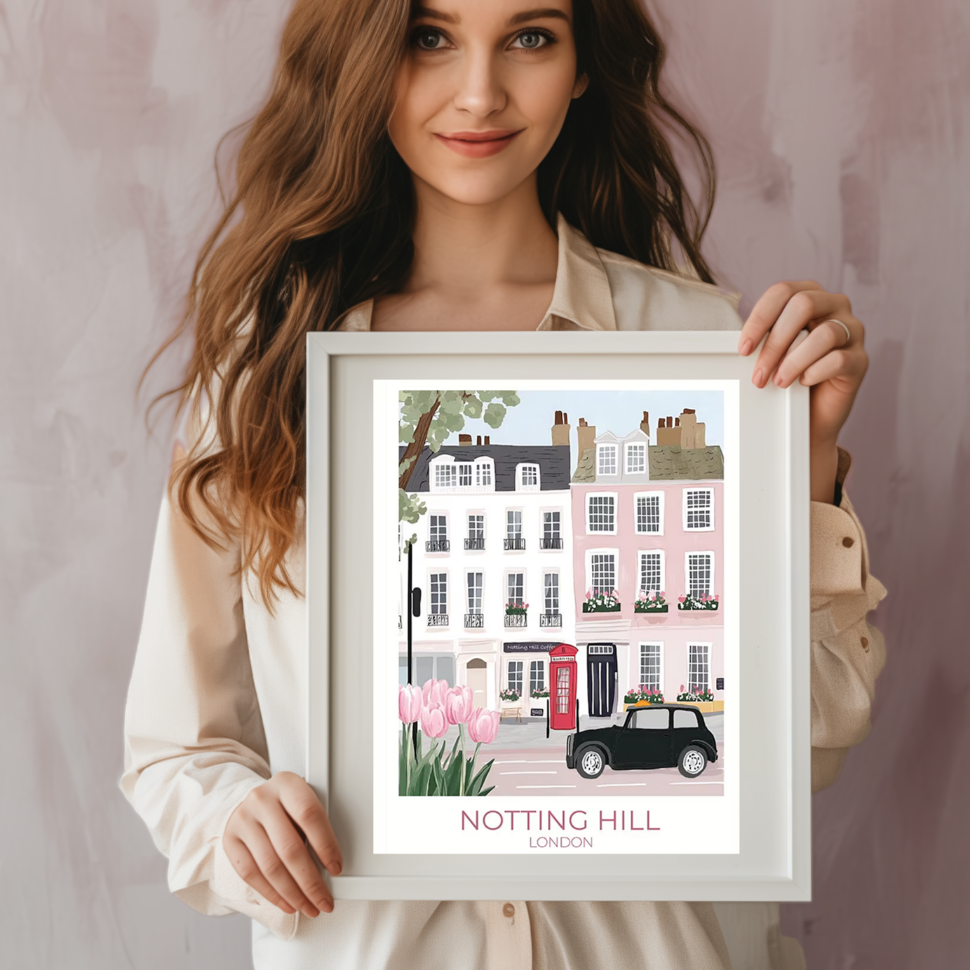 An illustration of a charming street in Notting Hill, London, featuring pastel-colored townhouses with flower boxes, a red British telephone booth, a black vintage car, and blooming pink tulips in the foreground. The text 'NOTTING HILL LONDON' appears at the bottom.
