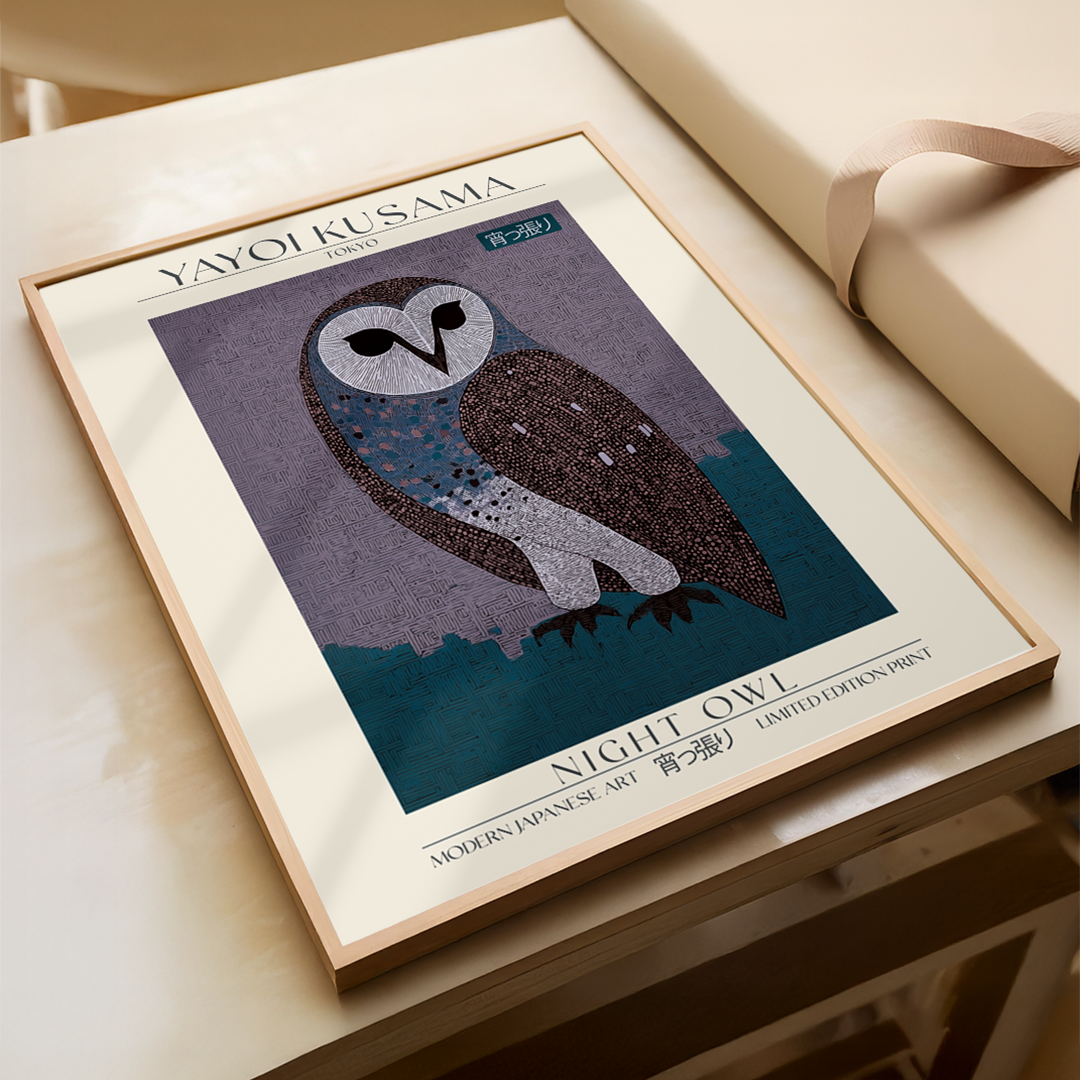 Contemporary Japanese art print of an owl in deep blue and muted purple tones with detailed textured patterns, Kusama-inspired design. Limited edition museum-quality print.