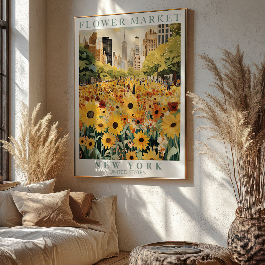 Poster of a flower market in New York in a room with a couch and decorative plants.