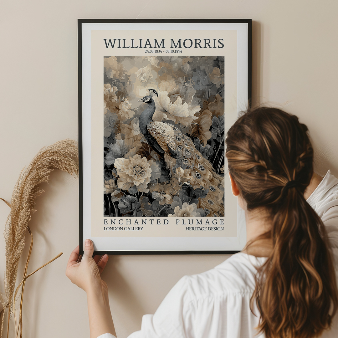 Woman holding a framed artwork with 'William Morris' branding on a beige wall.