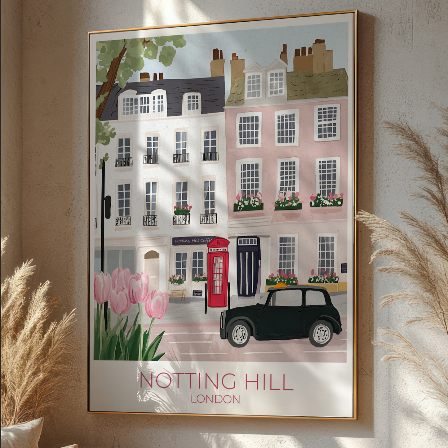 An illustration of a charming street in Notting Hill, London, featuring pastel-colored townhouses with flower boxes, a red British telephone booth, a black vintage car, and blooming pink tulips in the foreground. The text 'NOTTING HILL LONDON' appears at the bottom.