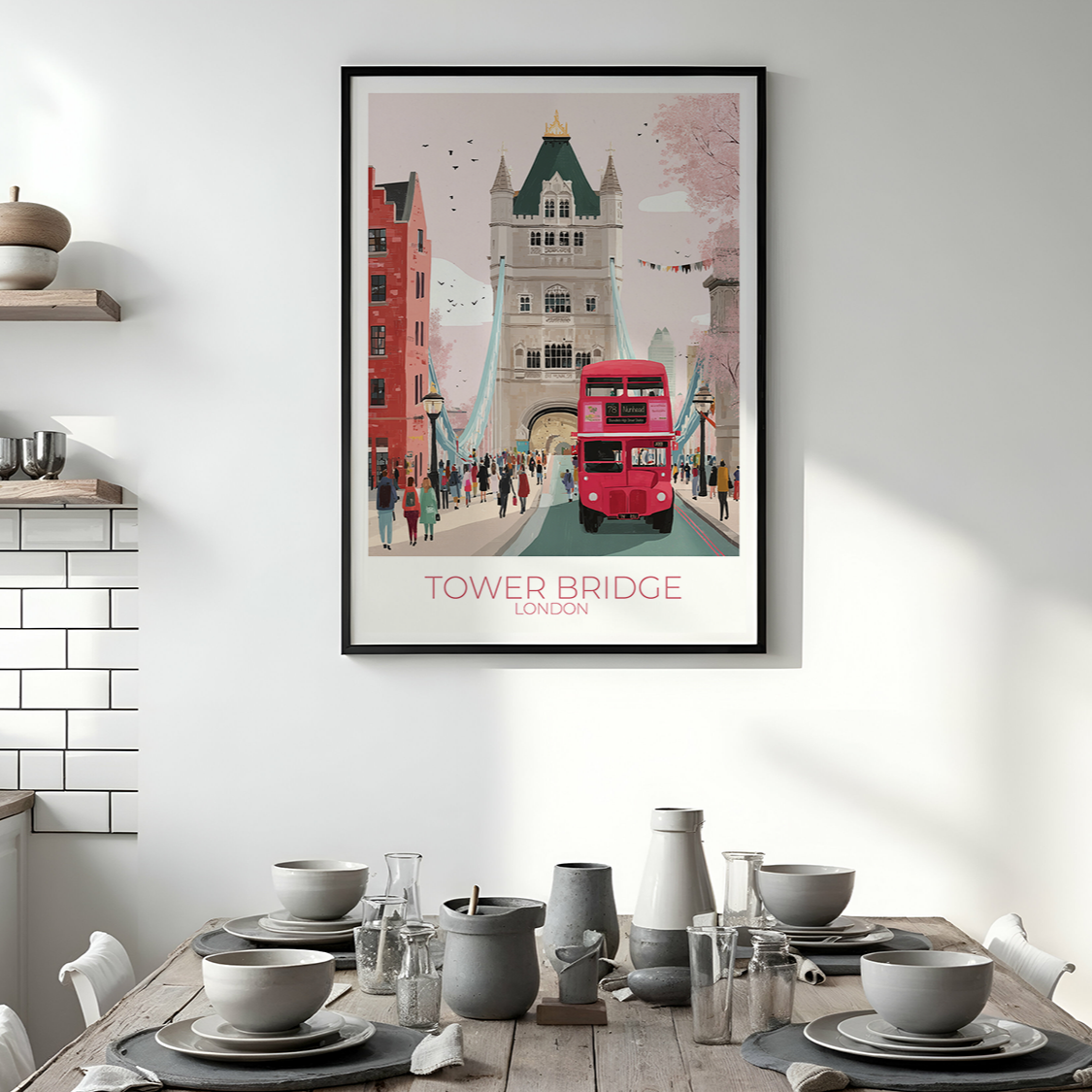 Framed artwork of Tower Bridge and a red double-decker bus in a modern kitchen.