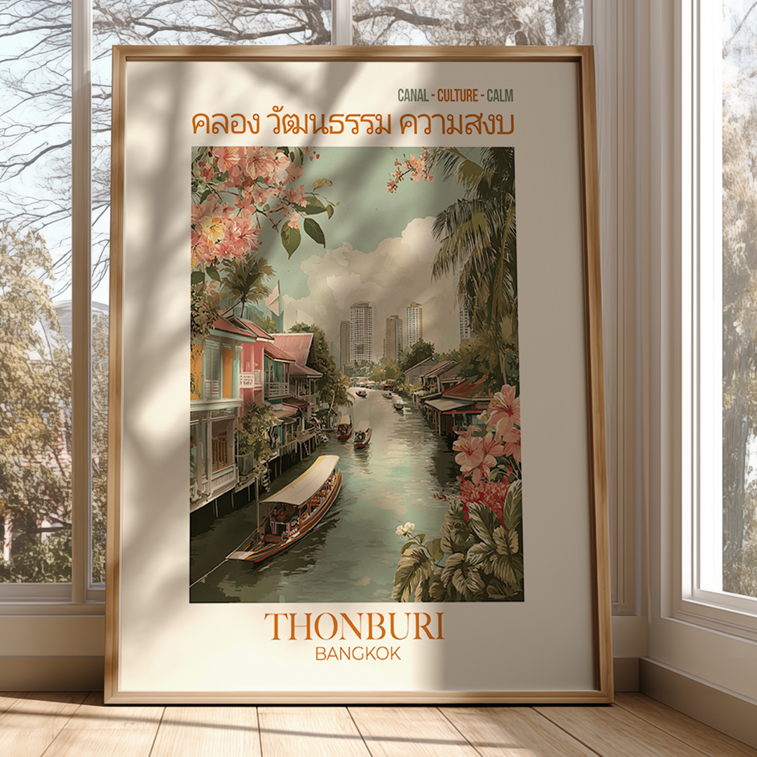 Framed artwork of a canal scene with boats and buildings, featuring the text 'Thonburi Bangkok'.