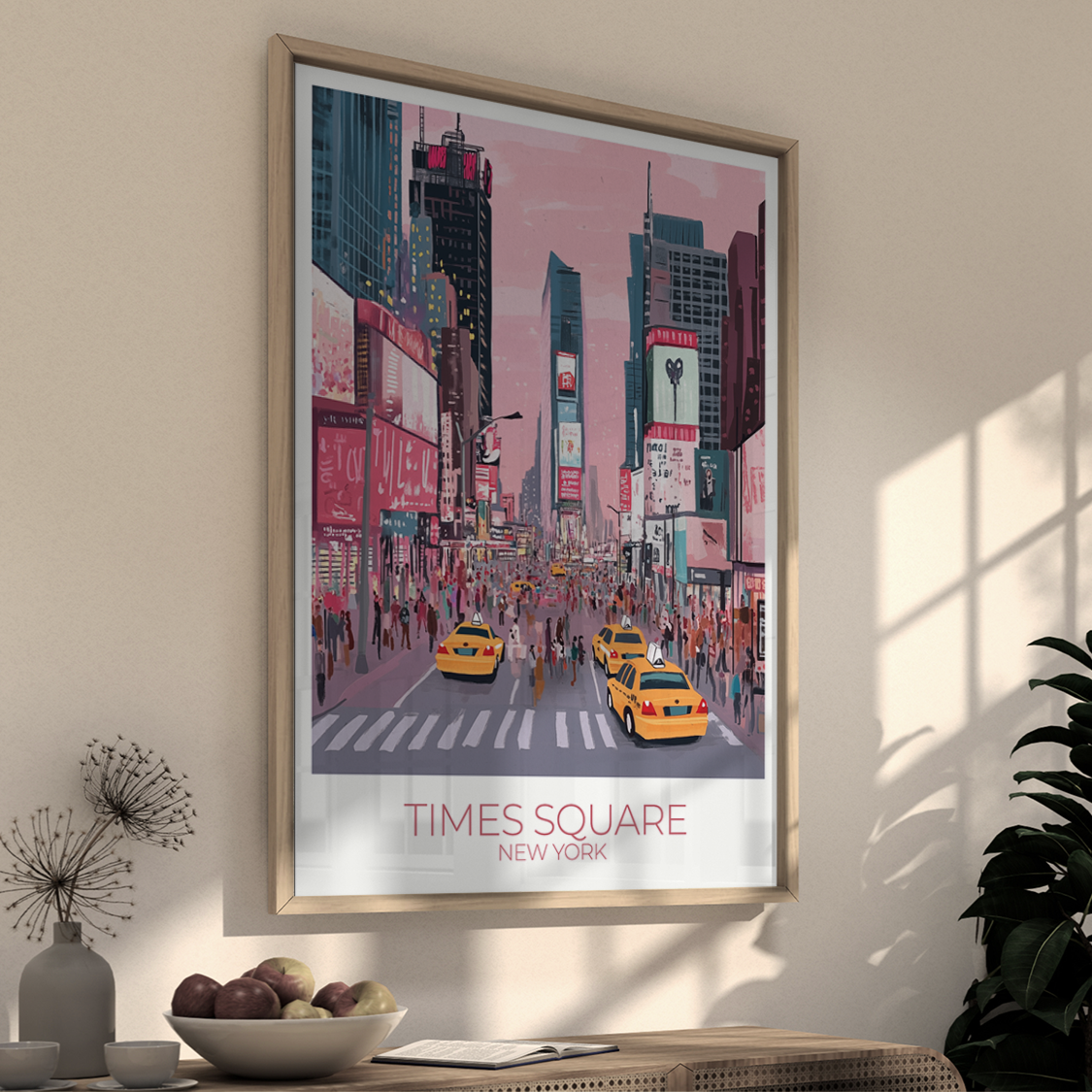 Personalized Times Square print featuring custom names, date, and quote, set against a stylized New York City skyline.