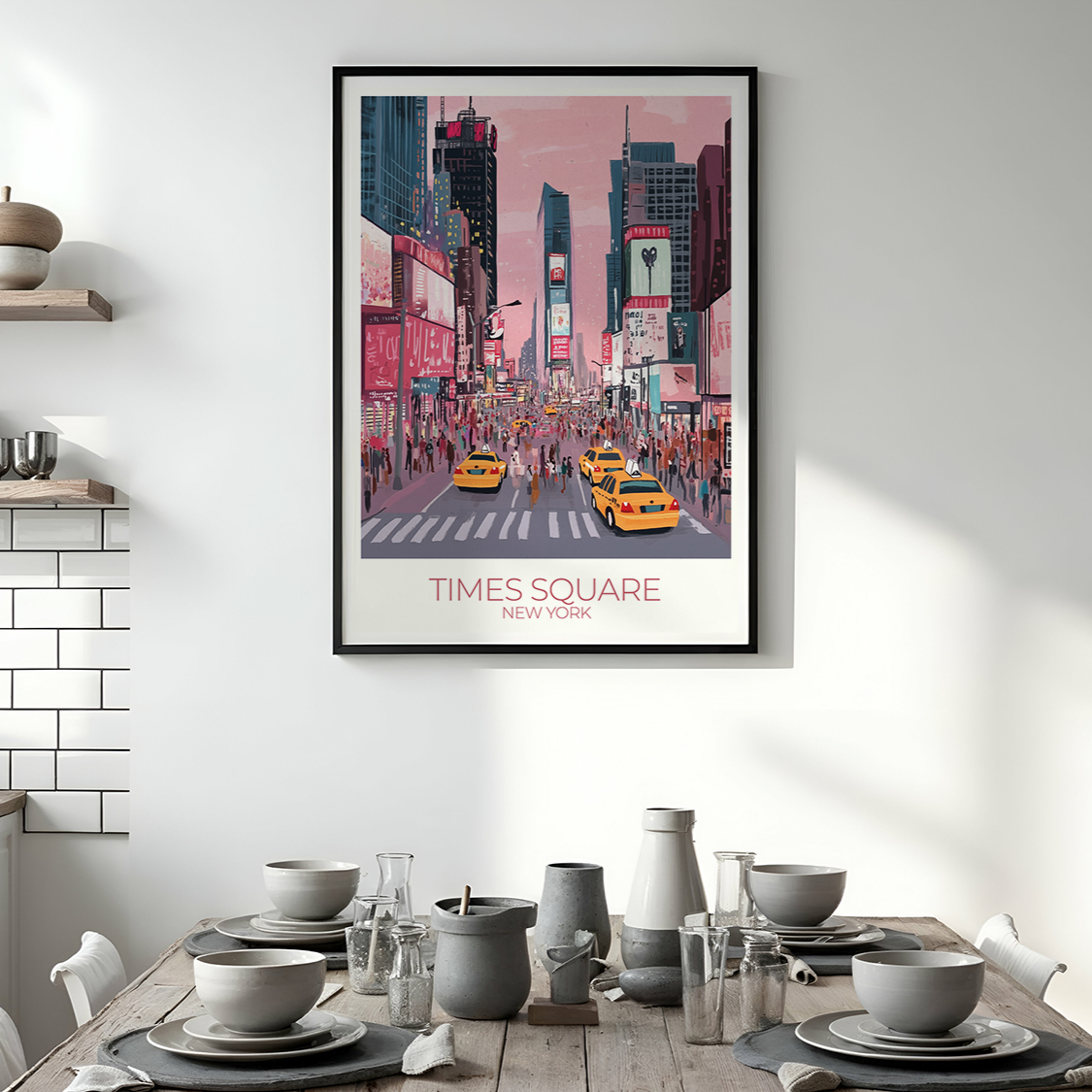 Personalized Times Square print featuring custom names, date, and quote, set against a stylized New York City skyline.