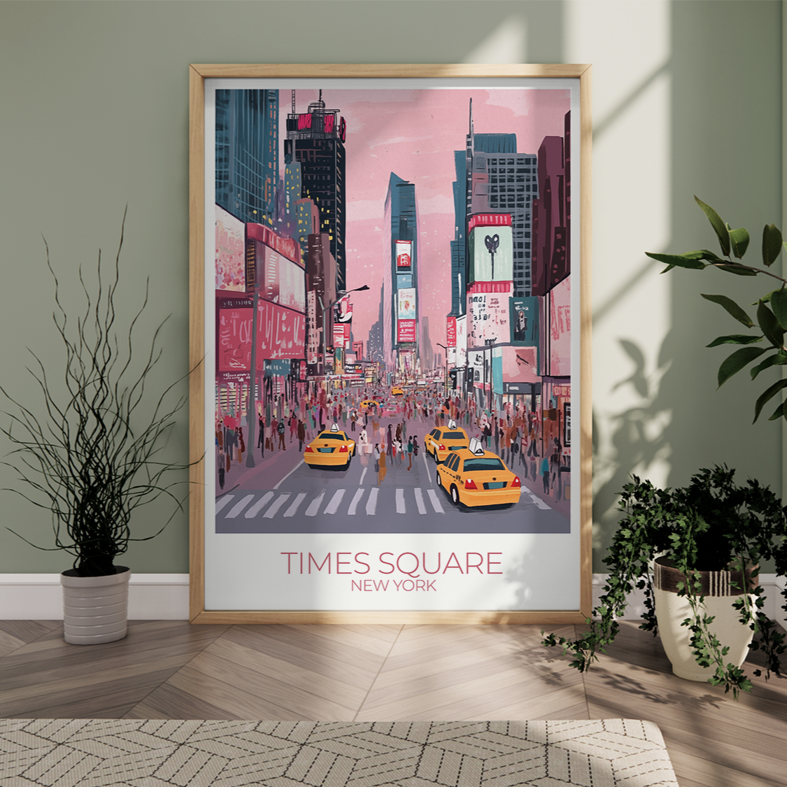 Personalized Times Square print featuring custom names, date, and quote, set against a stylized New York City skyline.