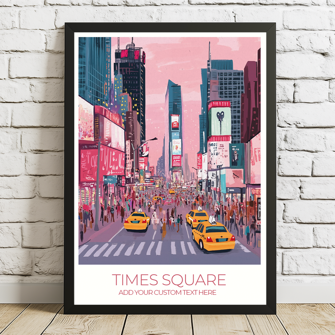 Personalized Times Square print featuring custom names, date, and quote, set against a stylized New York City skyline.
