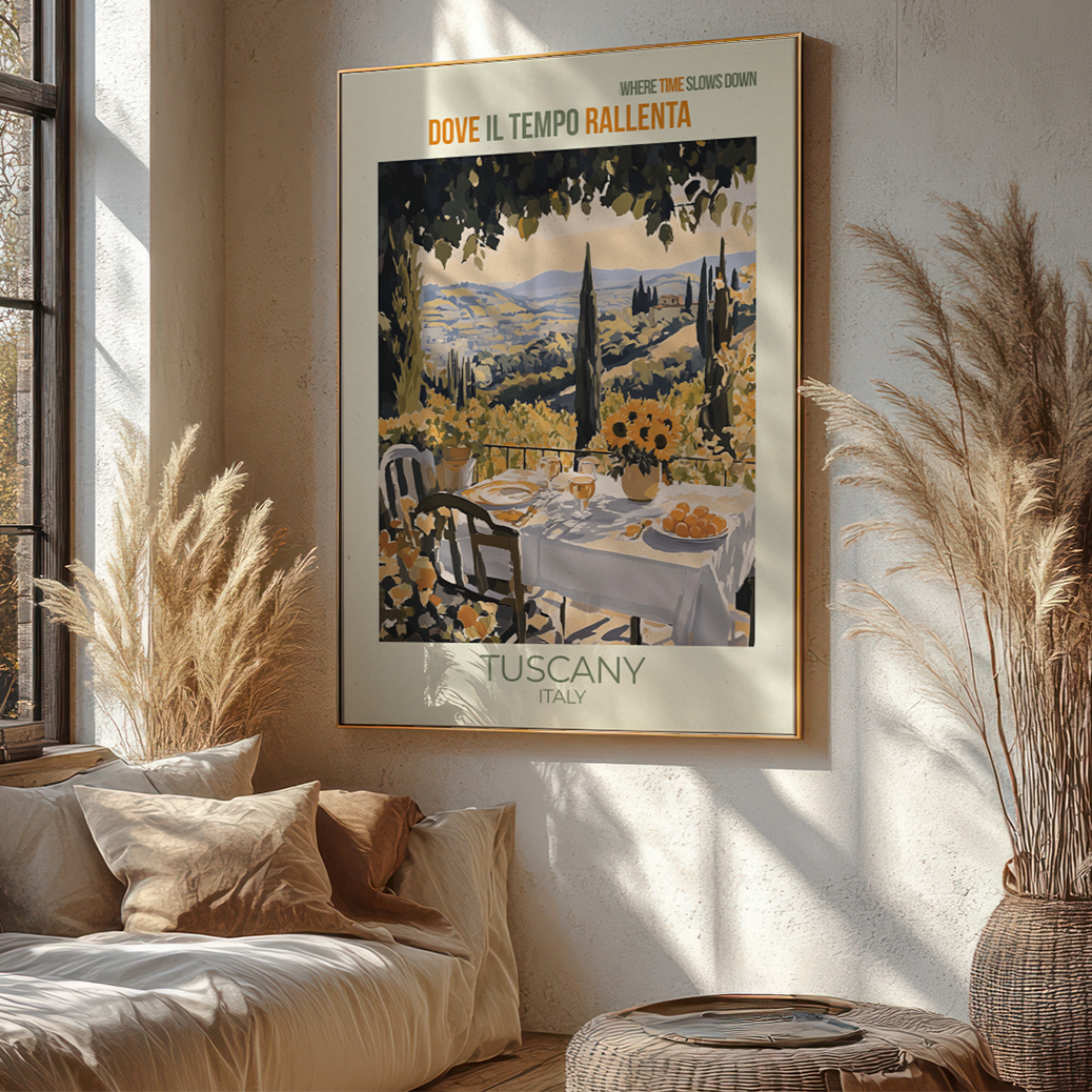 Poster of Tuscany on a wall in a sunlit room with decor elements.