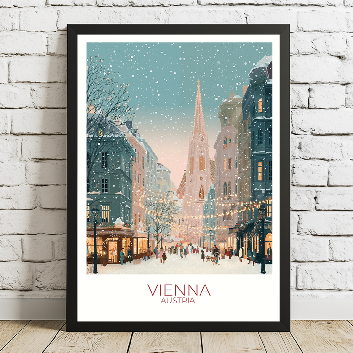 Framed artwork of Vienna, Austria with a snowy street scene on a white brick wall.