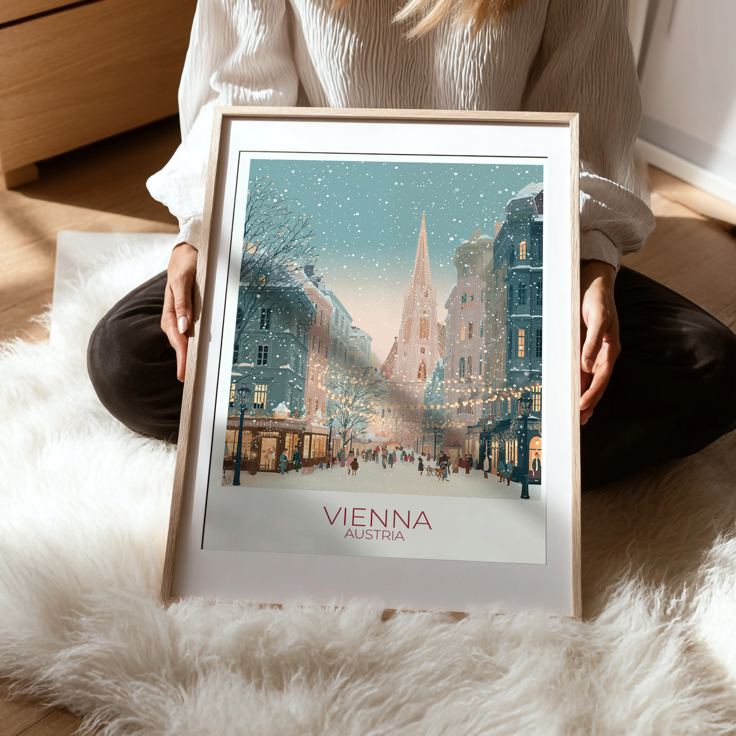 Person holding a framed print of Vienna, Austria on a soft surface