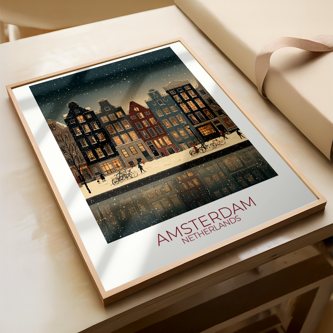 Framed artwork of Amsterdam with canal and buildings on a table