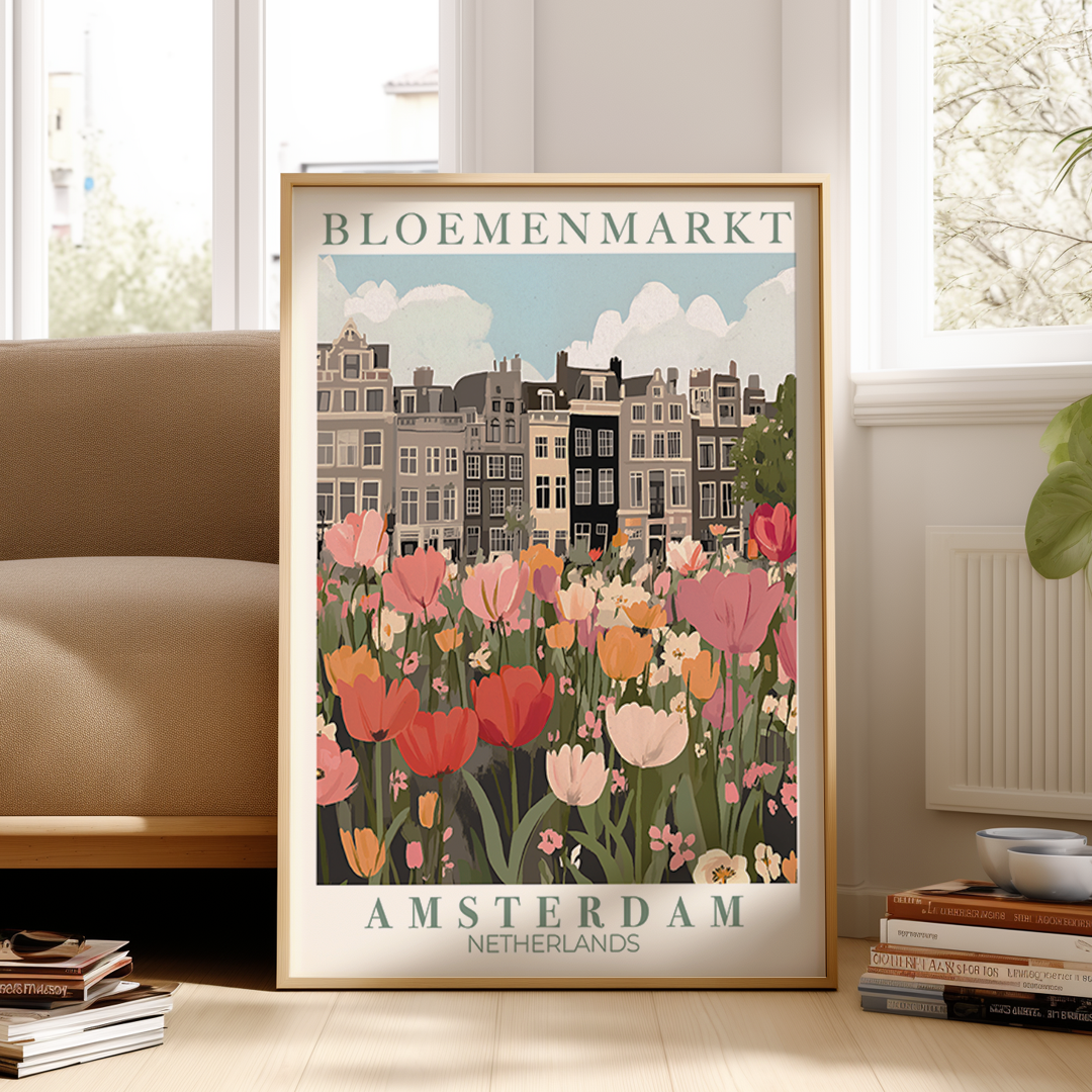 Framed poster of Amsterdam with tulips and buildings in a living room.