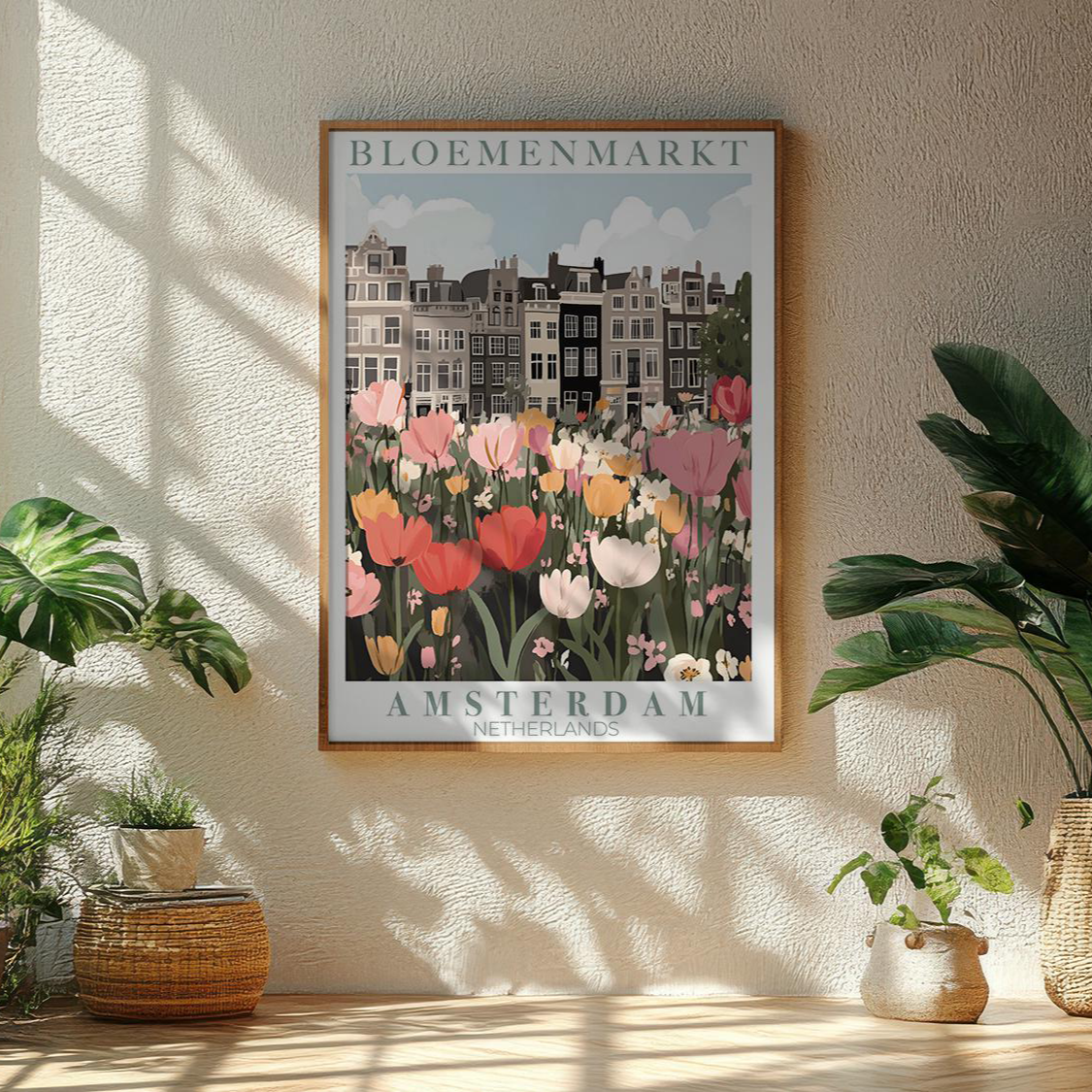 Framed poster of Bloemenmarkt Amsterdam with plants in the foreground