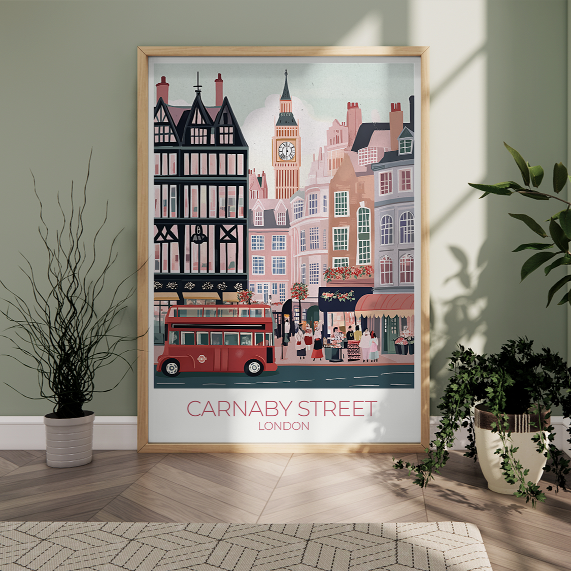 Framed artwork of Carnaby Street, London, with a red bus and iconic buildings in a living room setting.
