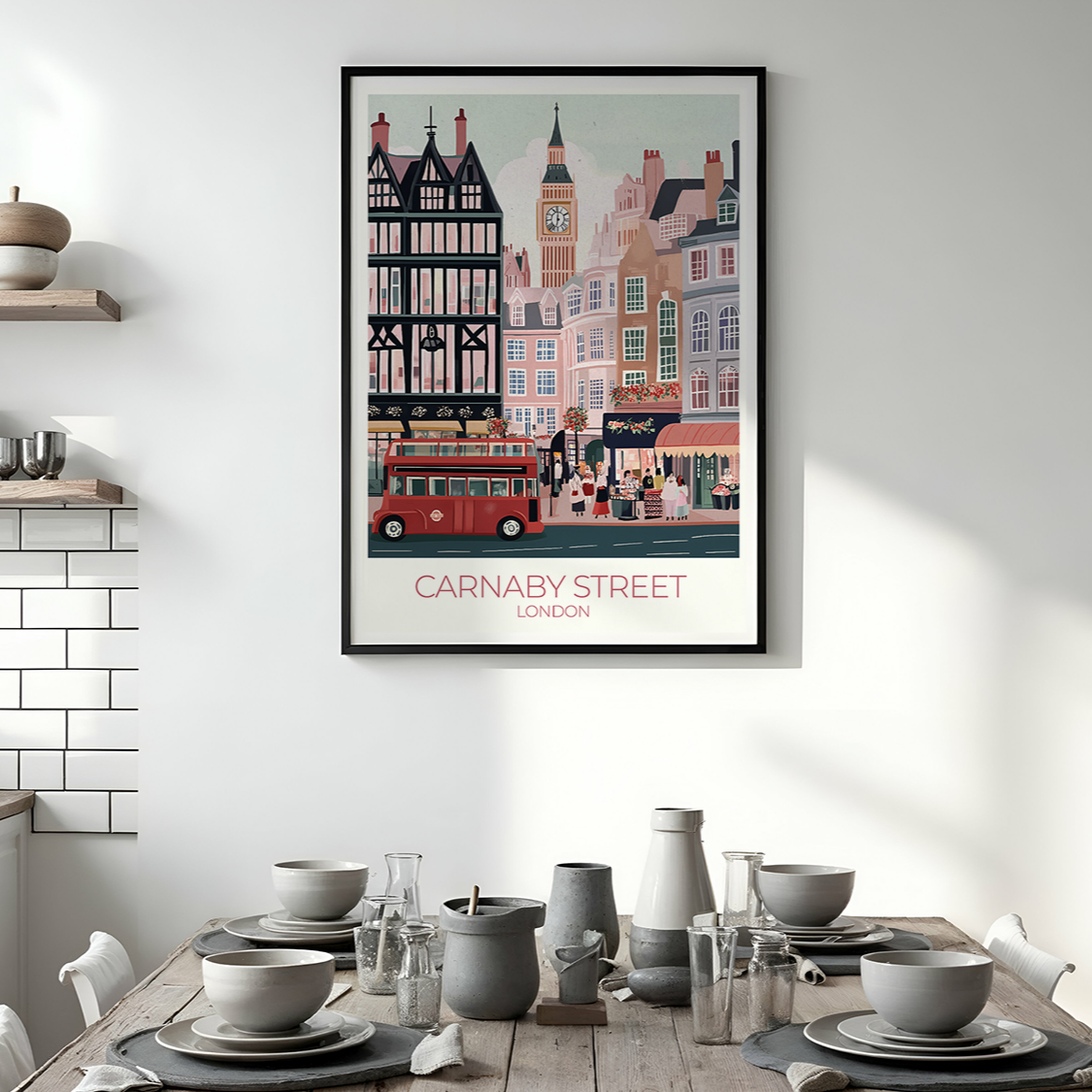 Framed artwork of Carnaby Street in a kitchen setting