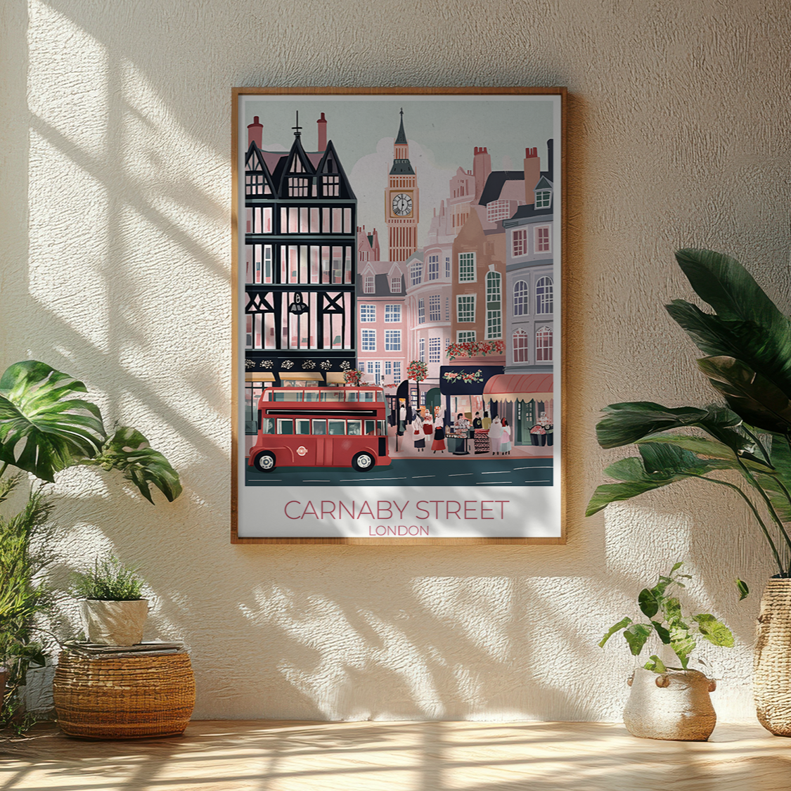 Framed artwork of Carnaby Street in London on a wall with plants around