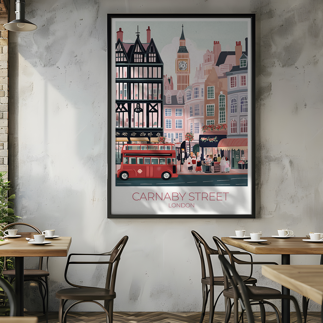 Framed poster of Carnaby Street in London on a wall above a restaurant table.