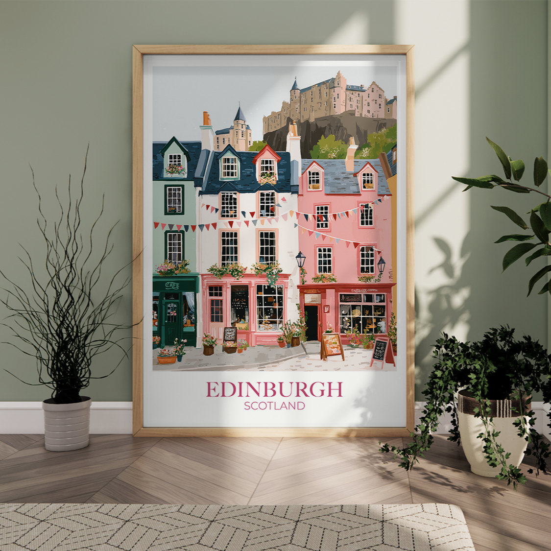 Framed artwork of Edinburgh, Scotland with a castle on a wall.