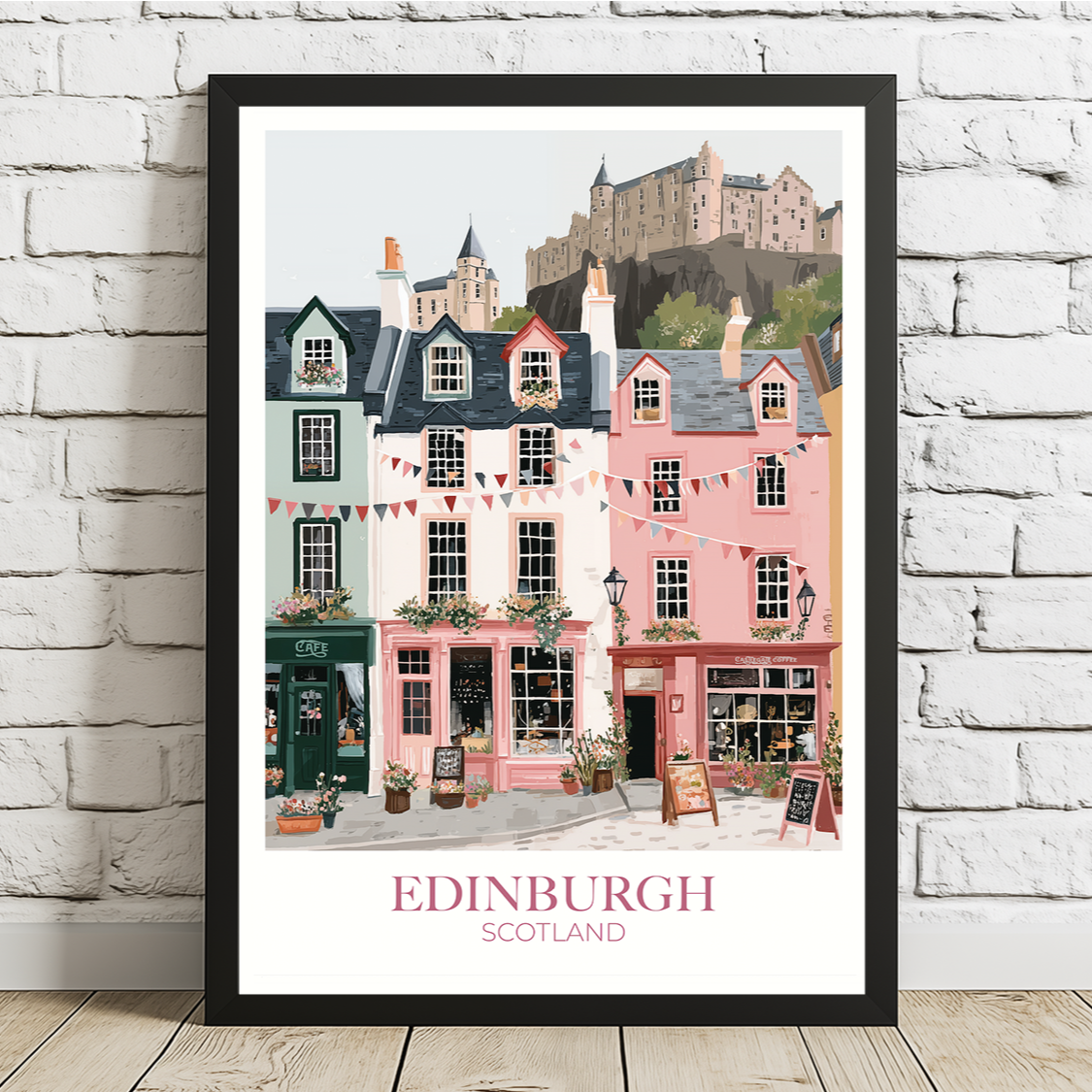 Framed artwork of Edinburgh, Scotland with colorful buildings and a castle on a white background.