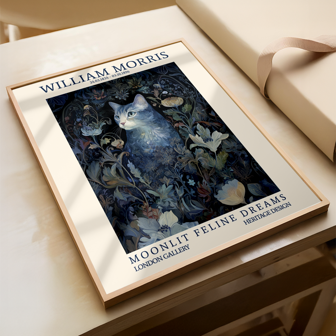 Framed artwork of a cat among flowers with 'William Morris' branding on a wooden surface.
